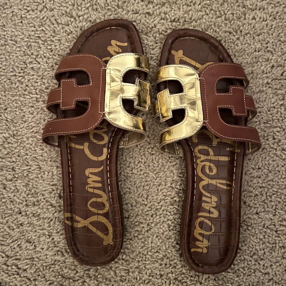 sam Edelman slides gold and brown